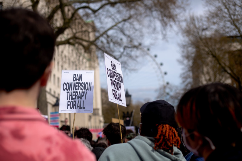 Placard with white background and black text reading Ban Conversion Therapy For All held aloft in a marching crowd